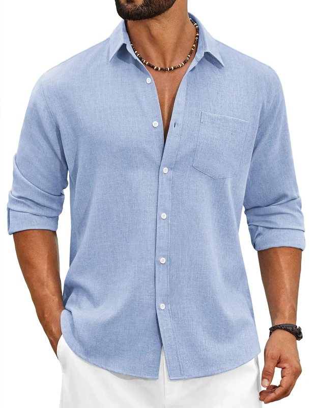COOFANDY Men's Casual Button Down Shirt Long Sleeve Linen Chambray Shirt, 1- Sky Blue, XL