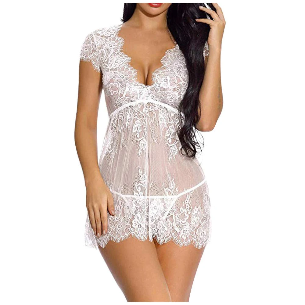 Women's Sleepwear Sexy Lingerie for Sexy Sexy Deep V Lace Lingerie Baby Doll Nightwear Perspective Night Dressy Nightgowns See Throughy Sleepwear Femme-White_L