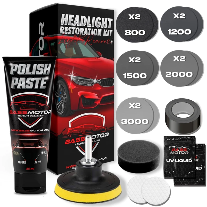 BASSMOTOR Car Headlight Restoration Kit for MOT - Treats Opaque Headlights, Yellowing and Degradation - Sanding Discs, Polish, Polishing Sponge and Universal Adapter - Driving Visibility and Safety. - Image 1