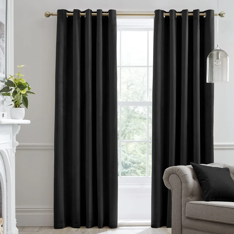 Laurence Llewelyn-Bowen Montrose Black Blackout, W66 x L72 (168 x 183cm), Velvet Living Room & Bedroom, Thermal/Eyelet Curtains, Polyester