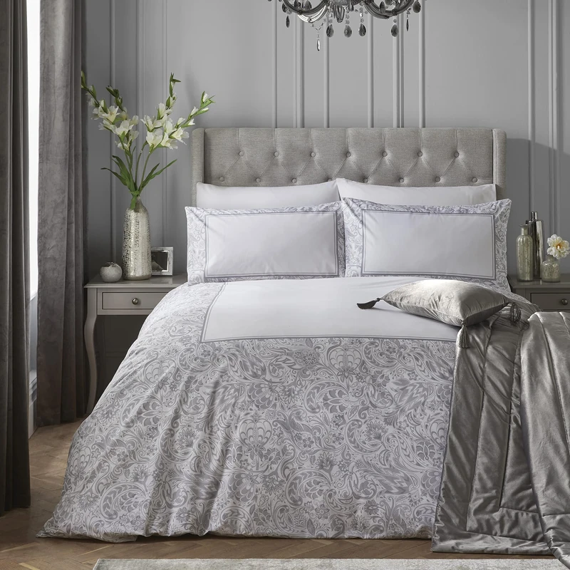 Laurence Llewelyn-Bowen - Suzani - 100% Cotton Sateen Duvet Cover Set - Double Bed Size in Grey