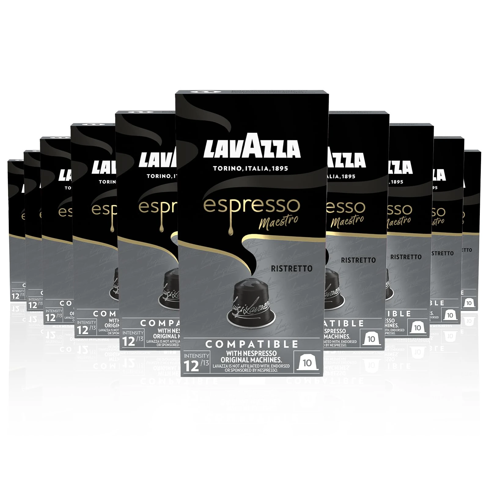 Lavazza, Espresso Maestro Ristretto, 100 Aluminium Capsules Compatible with Nespresso Original Machines, Chocolate & Caramel Notes, Arabica & Robusta, Intensity 12/13, Dark Roasting, Zero CO2 Impact