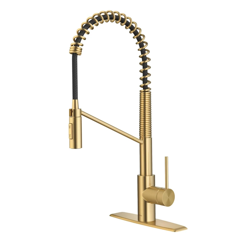 KRAUS Oletto Commercial Style Pull-Down Single Handle Kitchen Faucet with QuickDock Top Mount Installation Assembly in Brushed Brass, KPF-2631BB