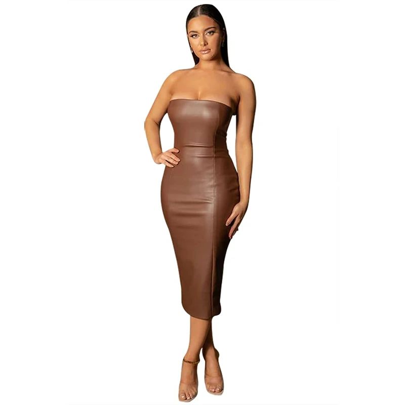 XLLAIS Women Strapless Tube Midi Dress Sexy Bodycon Party Dress Fall Leahter Outfits Brown Small