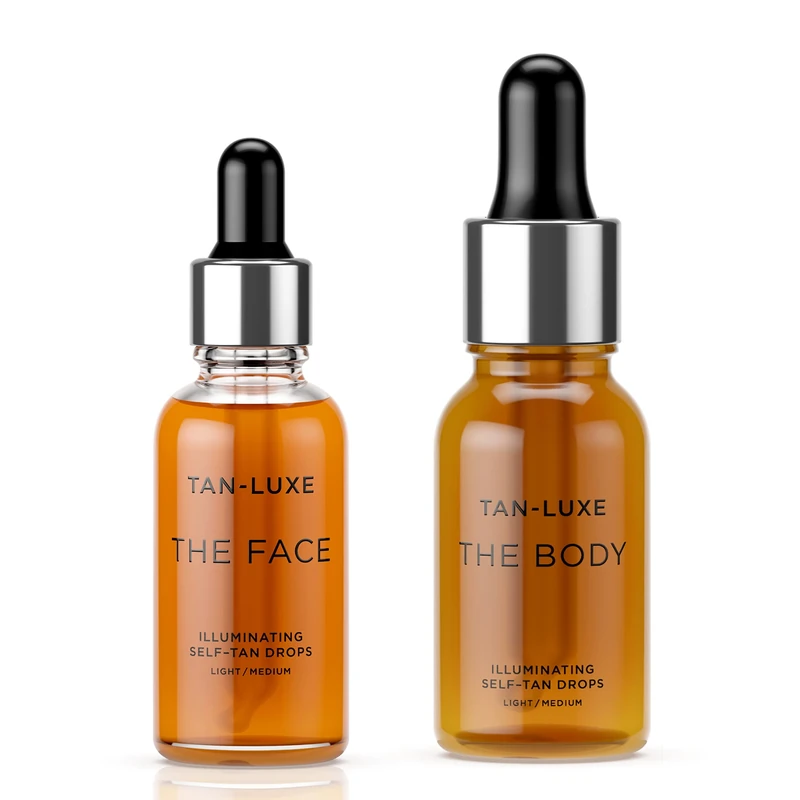 Tan Luxe Fake Tan Drops Set THE FACE & THE BODY, Light/Medium, Add Tanning Drops to Skin Care for Custom Tan, Cruelty Free & Vegan