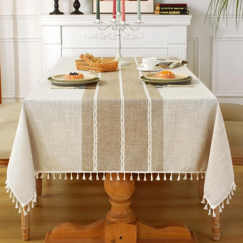 Laolitou Rustic Tablecloth Cotton Linen Waterproof Tablecloths Washable Table Cloths for Kitchen Dining,Party,Holiday,Christmas,Buffet Coffee Lines Rectangle,55''x120'',10-12 Seats
