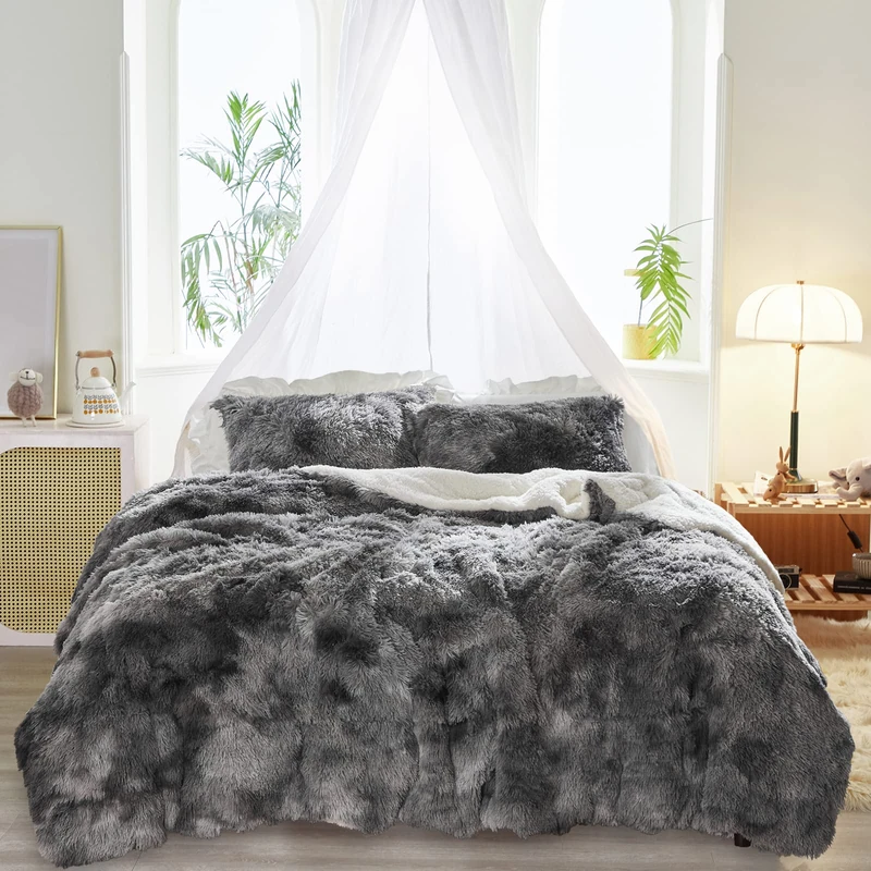 Joyreap 3PCS Plush Shaggy Comforter Set, King Size Luxury Faux Fur Velvet Fluffy Bedding Set for All Season (Tie-dye Black, 100x88 inches)