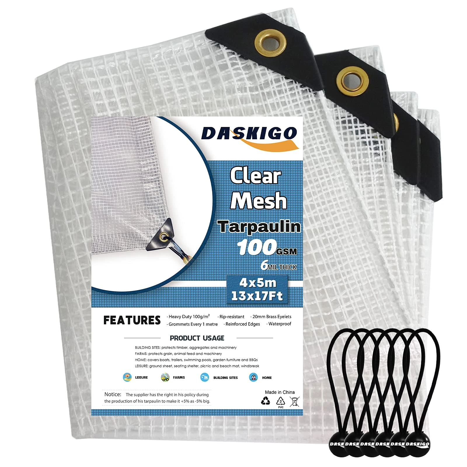 DASKIGO 4 x 5M Reinforced Mesh Heavy Duty Reinforced Mesh Clear Waterproof Tarpaulin Cover Mono Sheet Clear & 6PCS Bungee Balls