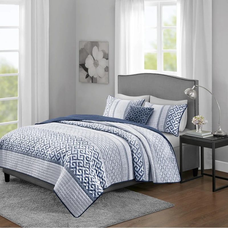Madison Park Quilt Set Luxurious Jacquard Stripes Design - All Season, Coverlet Bedspread Lightweight Bedding Layer, Shams, Decorative Pillow, King/Cal King(104"x94"), Geometric Navy 4 Piece