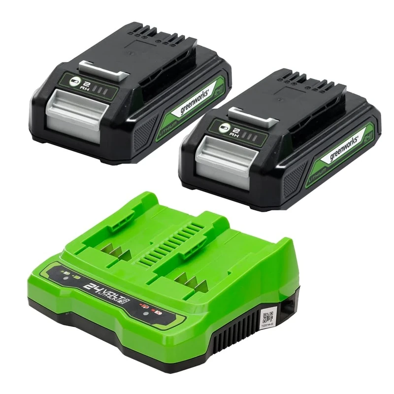 Greenworks 24V Batteries and Dual Slot Charger - Two 2Ah Powerful Lithium-Ion Batteries - Suitable for All 24V Garden and Power Tools - GSK24B2X