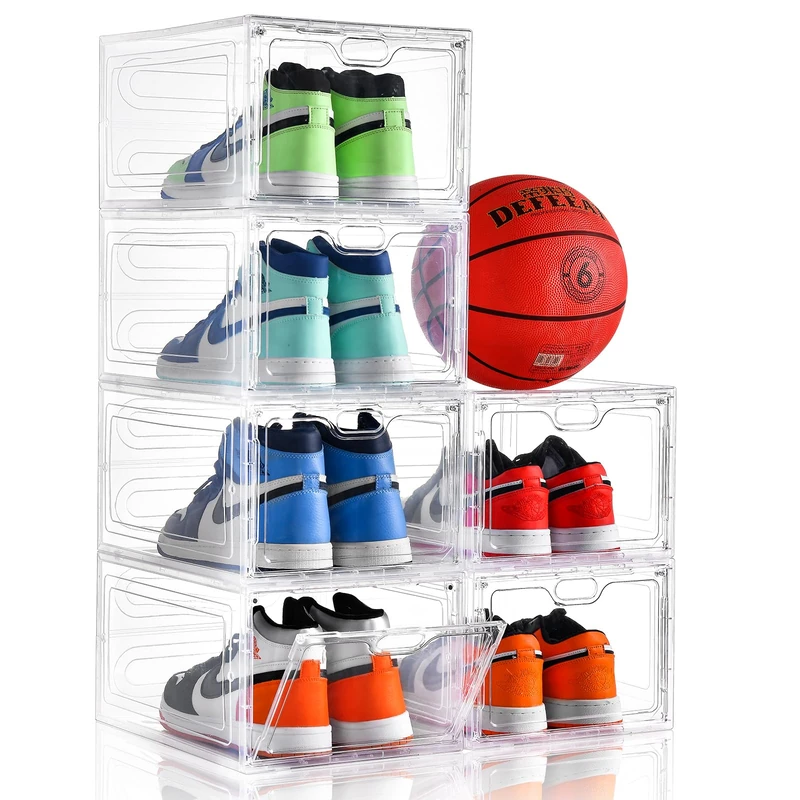 INSTY 6 Pack Modern/Functional Transparent Plastic Shoe Storage Box, Shoe Organizer with Magnetic Door, Stackable, Fits up to US Size 12 (13.4" x 9.8" x 7.1")