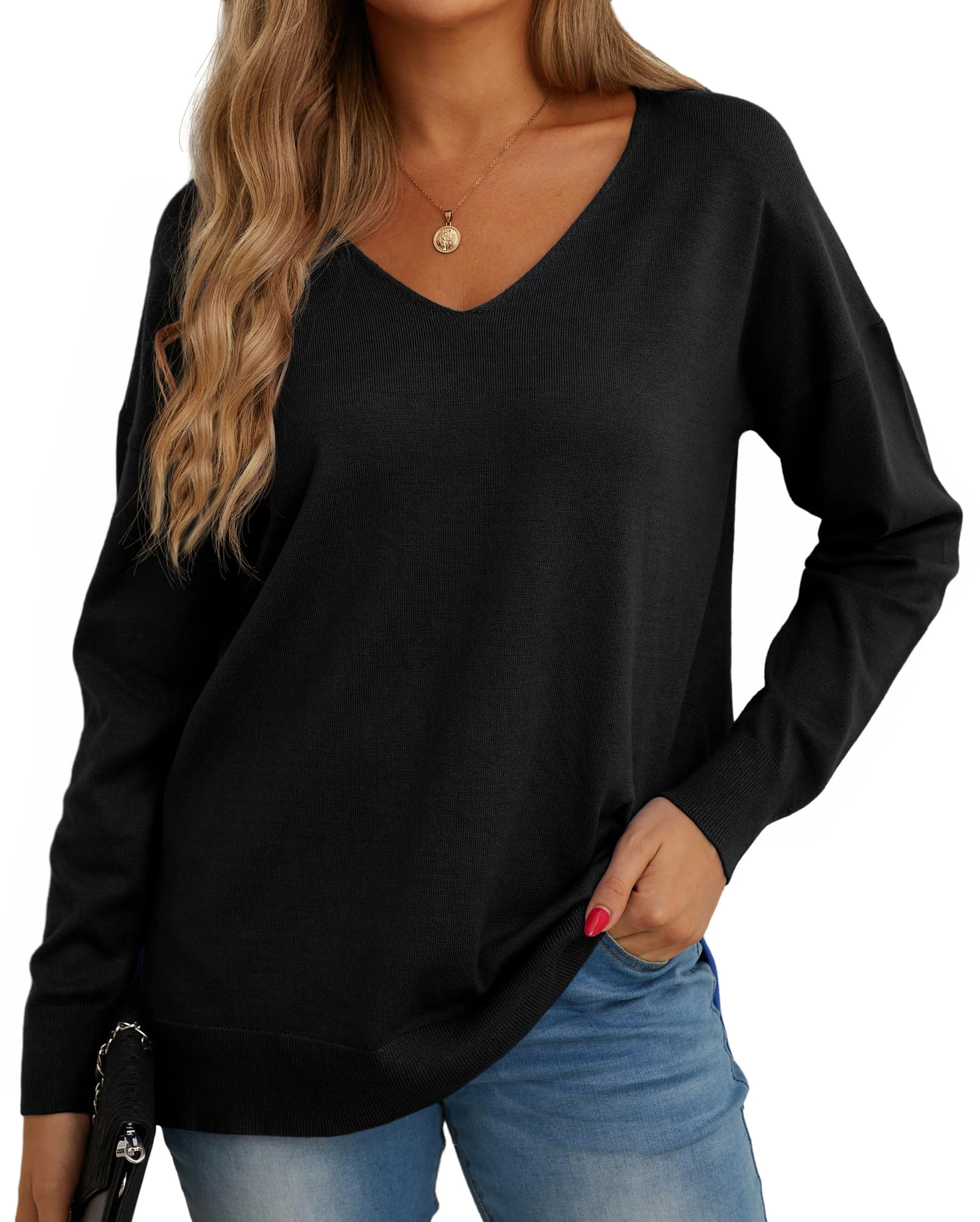 GRECERELLE Women's Casual Jumpers Sweatshirt Ladies Classic Plain Pullover Knit V Neck Long Sleeve Jumper Tops Blouse T-Shirt for Winter Fall Spring (01 Black, M)