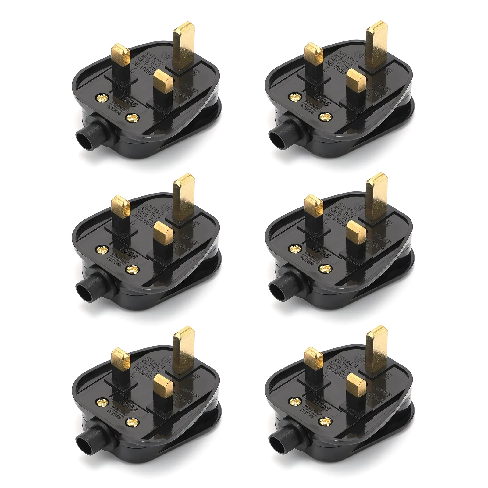 AUKENIEN 3 Pin Plug UK 13 Amp 13A Mains Plugs 13 A Fused Plug with Cord Grip Electrical 3pin Plugs , Black (Pack of 6)