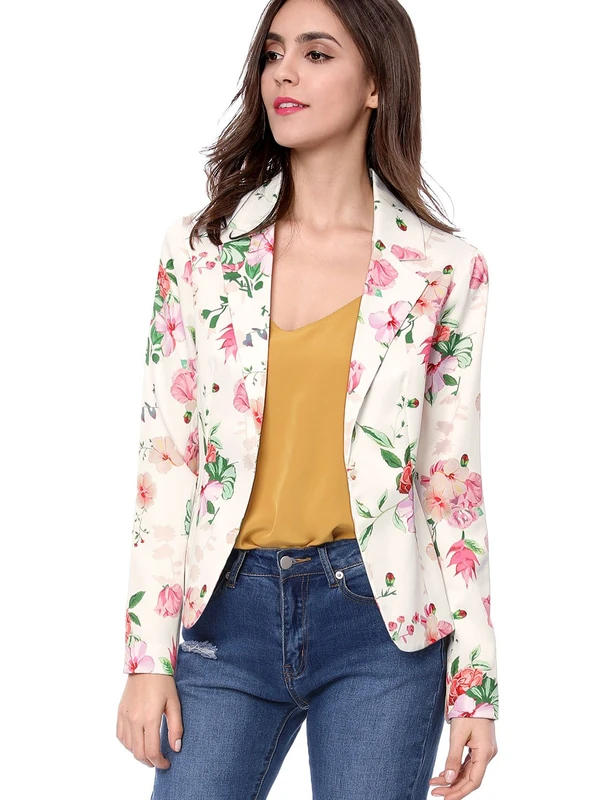 Allegra K Women's Notched Collar Open Blazer Casual Jacket Office Jacket, White Floral, M