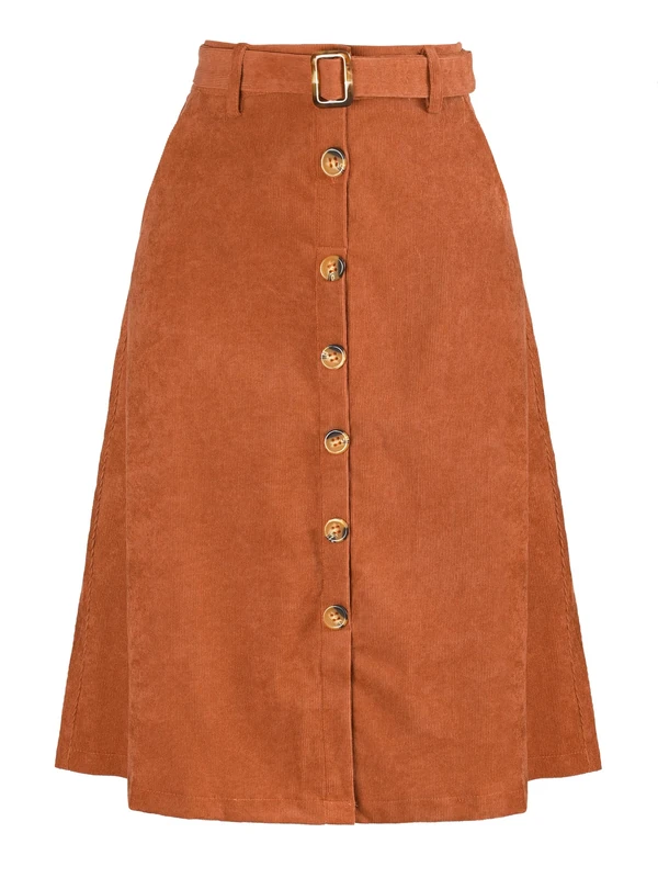 Allegra K Womens High Waist Button Front A-Line Belted Corduroy Midi Skirt, Caramel, M