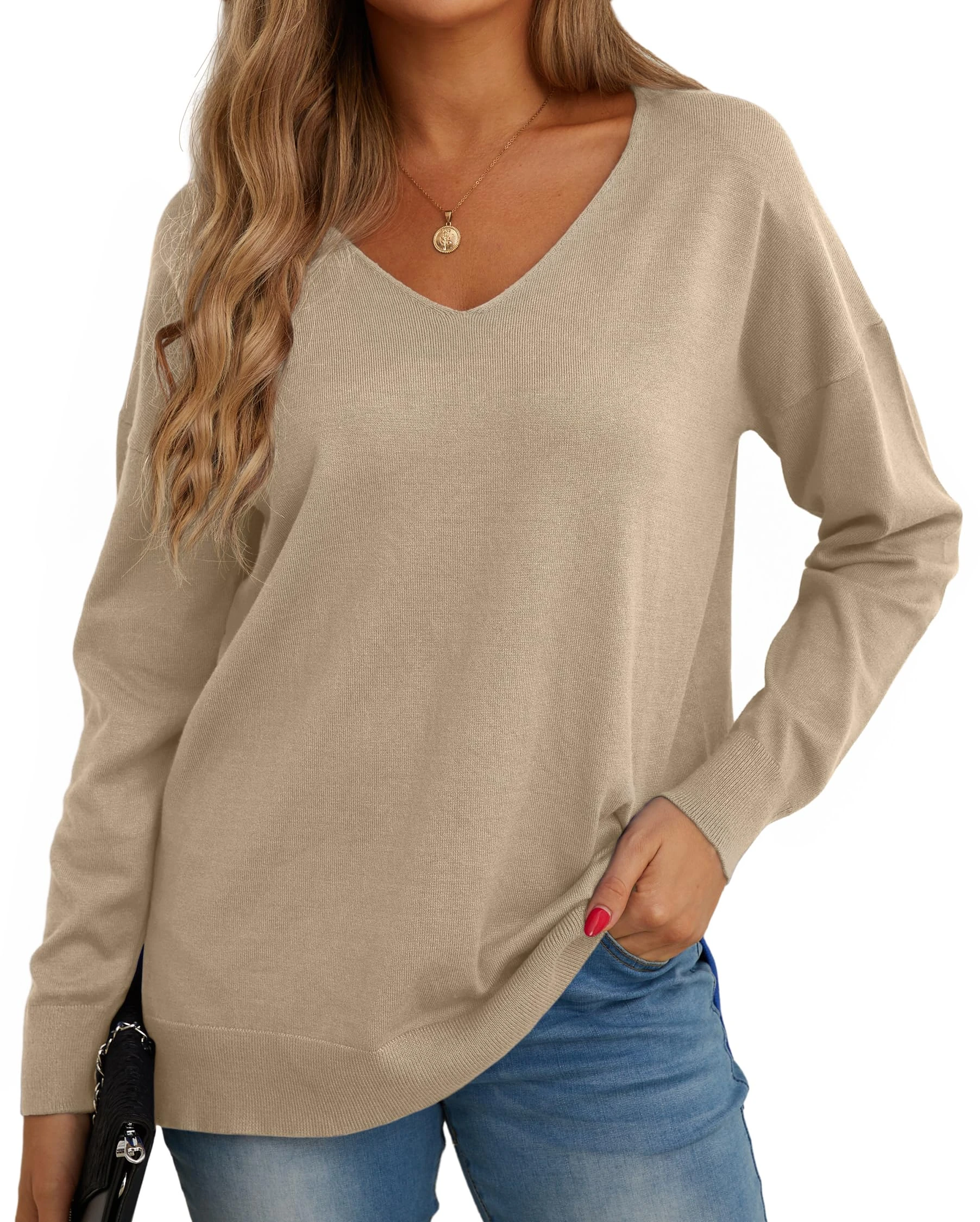 GRECERELLE Women's Casual Jumpers Sweatshirt Ladies Classic Plain Pullover Knit V Neck Long Sleeve Jumper Tops Blouse T-Shirt for Winter Fall Spring (11 Khaki, L)