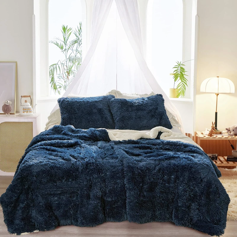 Joyreap 3PCS Plush Shaggy Comforter Set, King Size Luxury Faux Fur Velvet Fluffy Bedding Set for All Season (Navy, 100x88 inches)