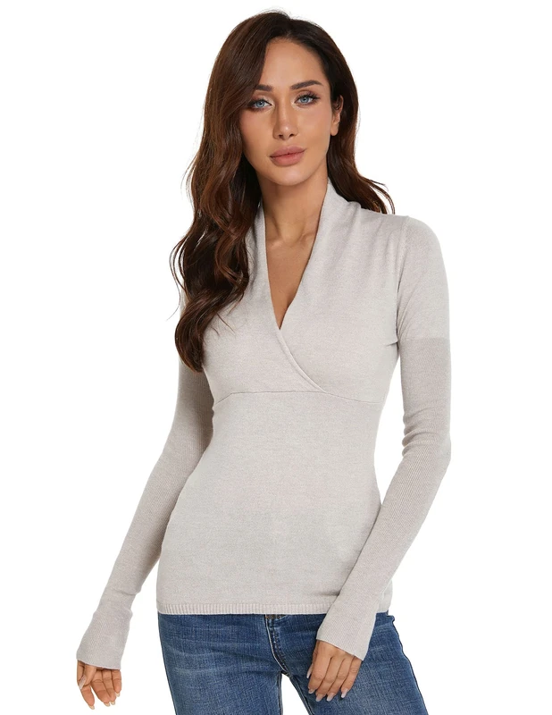 AmélieBoutik Women Jumper V Neck Empire Waist Long Sleeve Knit Top Sweater, Light Beige, S - Image 1