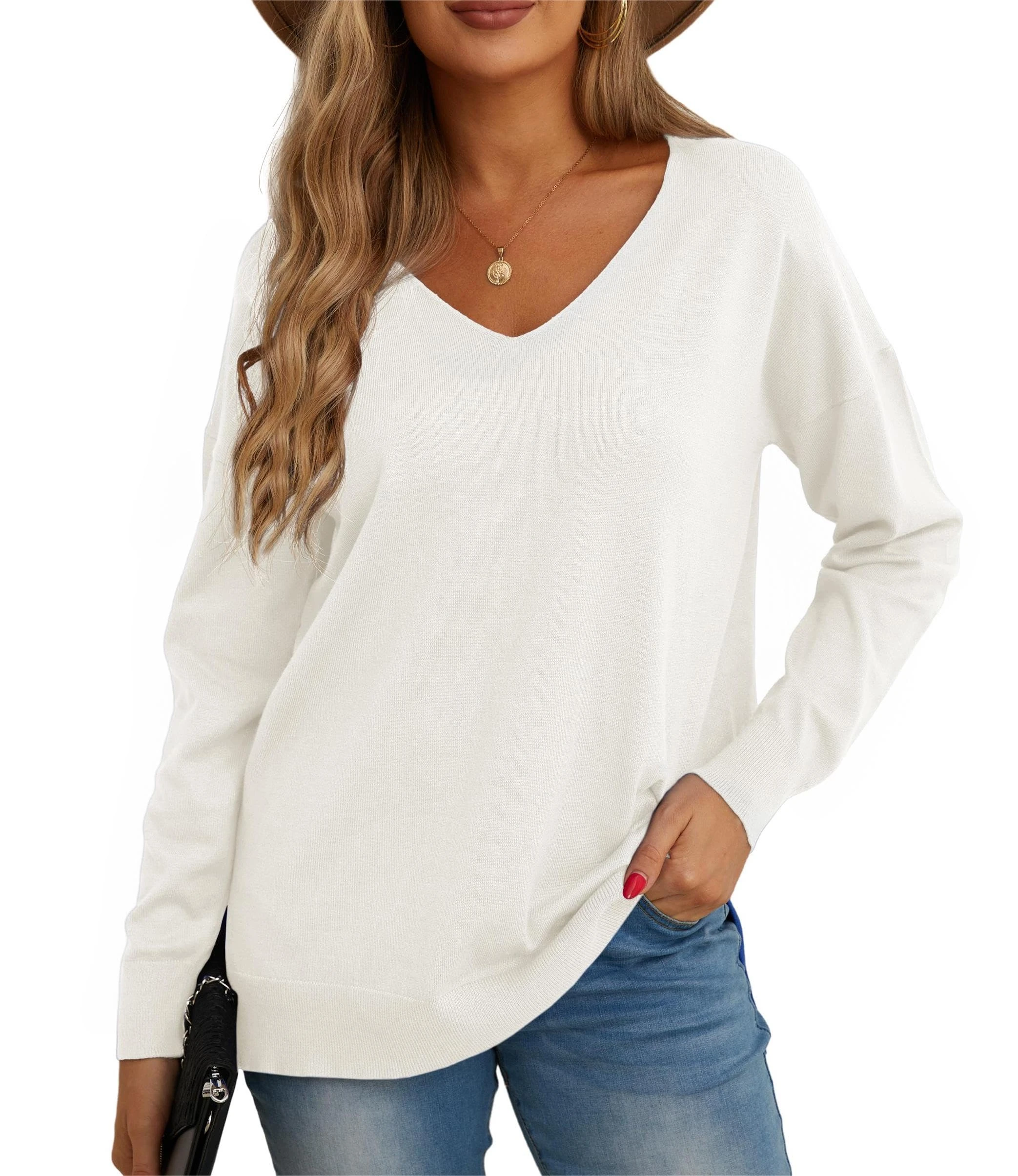 GRECERELLE Women's Casual Jumpers Sweatshirt Ladies Classic Plain Pullover Knit V Neck Long Sleeve Jumper Tops Blouse T-Shirt for Winter Fall Spring (02 White, M)