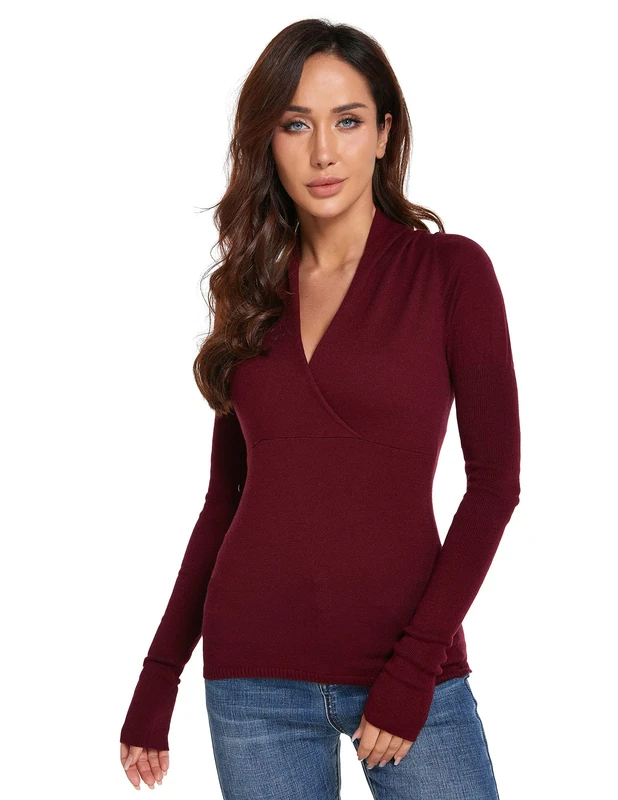AmélieBoutik Women Deep V Neck Empire Waist Long Sleeve Knit WrapTop Sweater, Burgundy, XS - Image 1