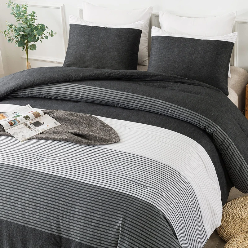 Andency Full Size Comforter Set,3 Pieces Black White Gray Patchwork Striped Comforter(79x90 Inch), Soft Microfiber Down Alternative Full Comforter Bedding Sets with Corner Loops - Image 1