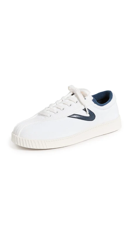 TRETORN Nyliteplus Canvas Trainers Women's Lace-Up Casual Tennis Shoes Classic Vintage Style, White Navy, 5 UK