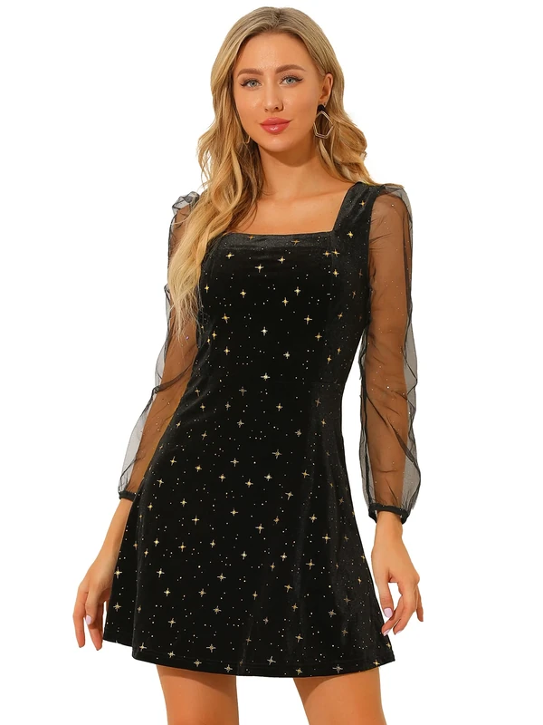 Allegra K Women's Christmas Mesh Sheer Puff Long Sleeve Square Neck Glitter Star Mini Velvet Dress, Black, XL - Image 1