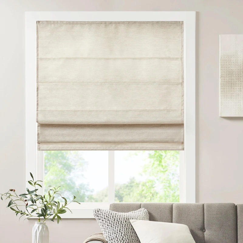 Madison Park Galen Cordless Fabric Privacy Single Panel Darkening, Energy Efficient Roman Shade, Window Curtain, 33'W x 64'L, Printed Faux Silk Ivory
