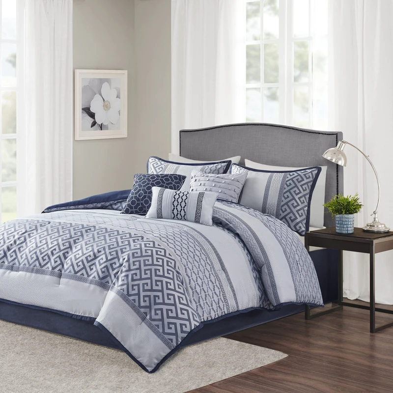 Madison Park Luxury Comforter Set-Traditional Jacquard Design All Season Down Alternative Bedding, Matching Bedskirt, Decorative Pillows, King(104"x92"), Bennett, Geometric Navy 7 Piece - Image 1
