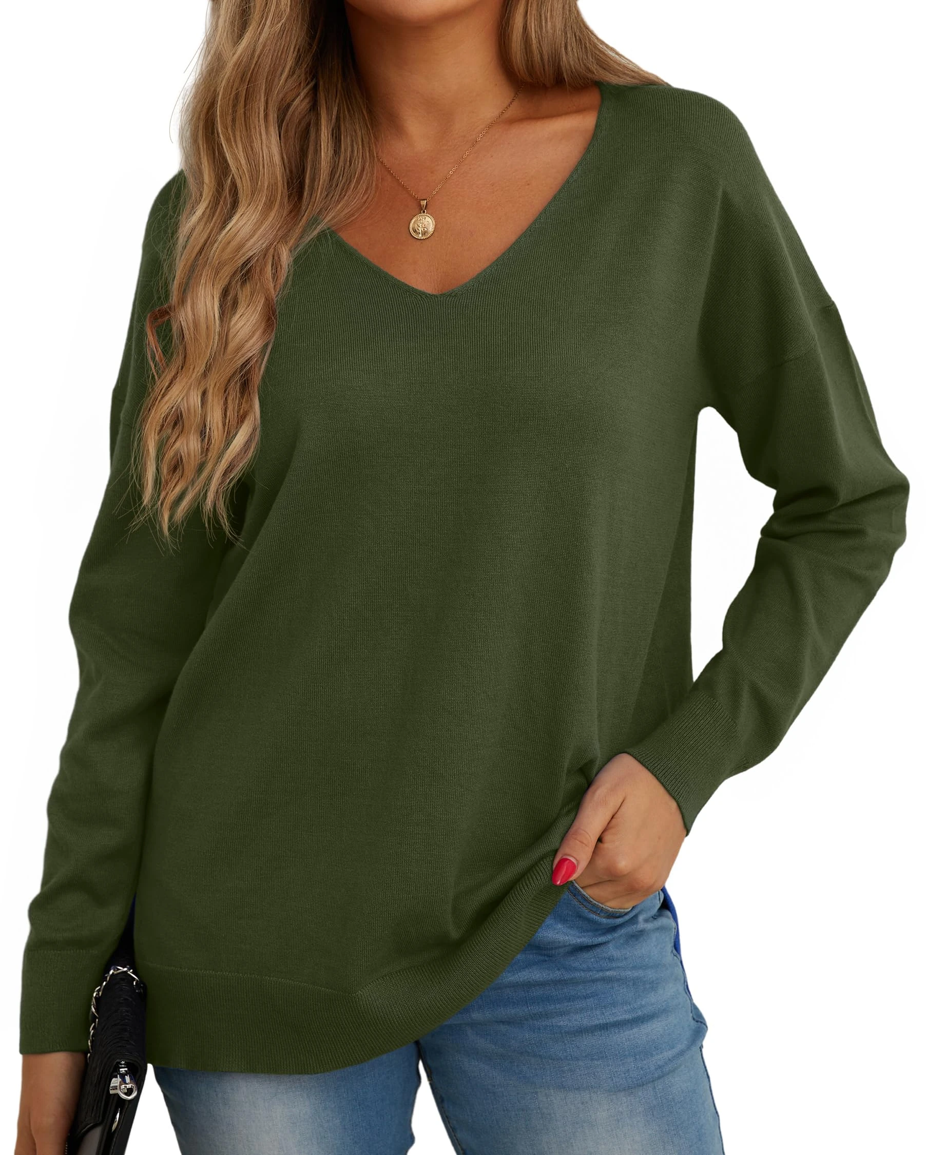 GRECERELLE Women's Casual Jumpers Sweatshirt Ladies Classic Plain Pullover Knit V Neck Long Sleeve Jumper Tops Blouse T-Shirt for Winter Fall Spring (05 Army Green, M)
