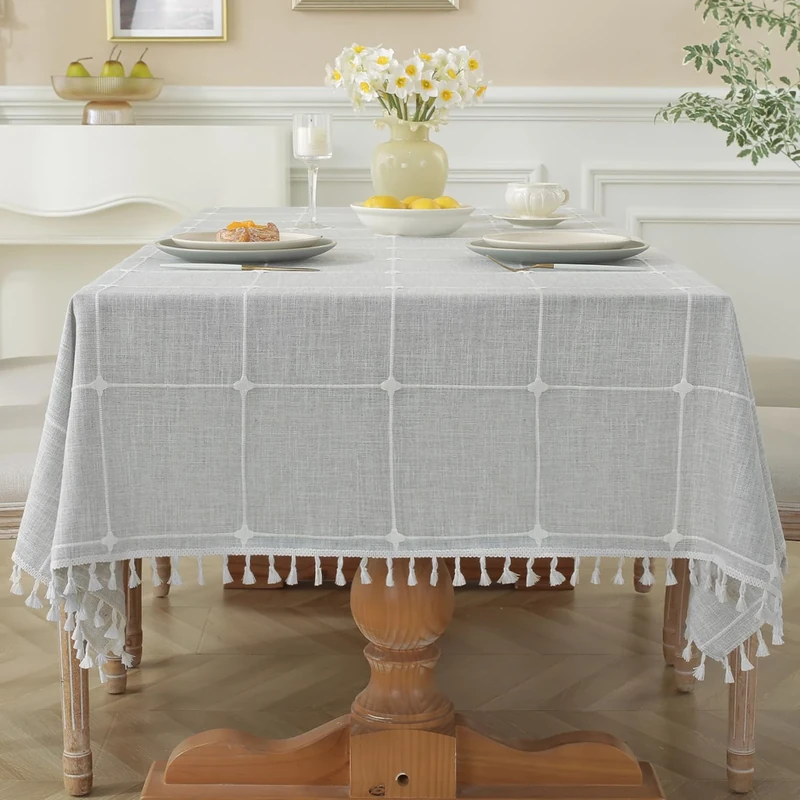 Laolitou Waterproof Tablecloth Burlap Linen with Tassel - Heavy Duty Fabric Wrinkle Free Rectangle Table Cloth for Tables Rustic Tablecloths Outdoor for Party Kitchen 55x102 Grey
