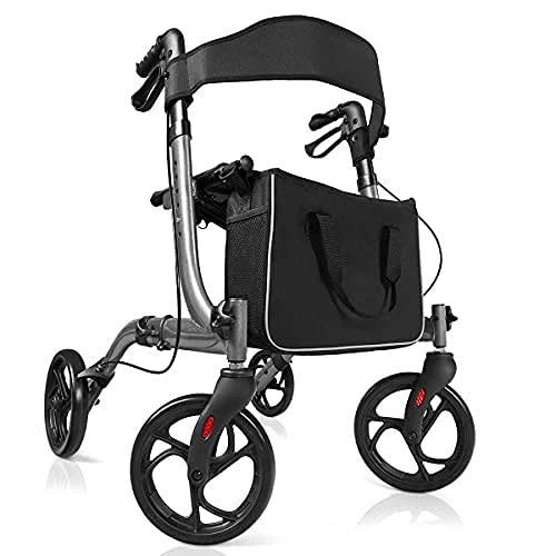 GYMAX Aluminum Walker, Foldable Four Wheels Medical Rollator with Seat & Carrying Bag, 5 Adjustable Height Folding Walking Mobility Aid Rollator for Elderly and Disabled User (Grey)