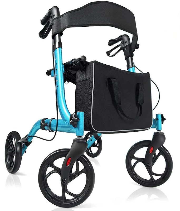 GYMAX Aluminum Walker, Foldable Four Wheels Medical Rollator with Seat & Carrying Bag, 5 Adjustable Height Folding Walking Mobility Aid Rollator for Elderly and Disabled User (Blue)
