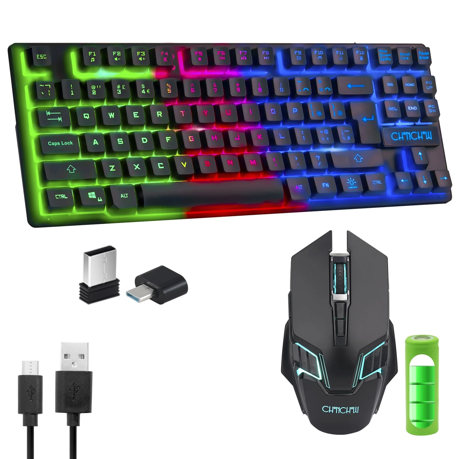 Gaming Wireless TKL Keyboard Mouse Combo Rechargeable LED Backlit Tenkeyless Compact 87 Keys 6 Button for Computer Laptop PS4 PS5 Switch Compatible with Windows XP/7/8/10 iMac MacBook Xbox one X