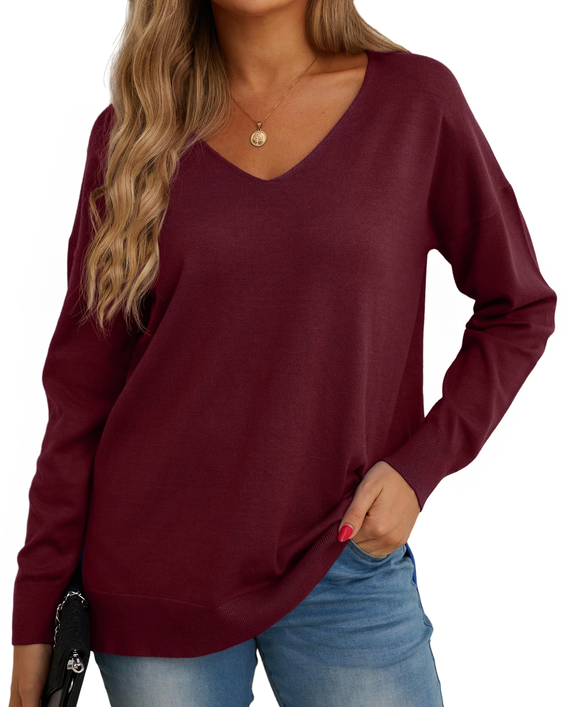 GRECERELLE Women's Casual Jumpers Sweatshirt Ladies Classic Plain Pullover Knit V Neck Long Sleeve Jumper Tops Blouse T-Shirt for Winter Fall Spring (03 Wine Red, M)