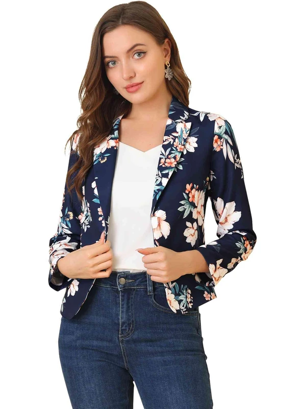Allegra K Women's Open Front Office Work Business Casual Lightweight Summer Crop Suit Blazer, Deep Blue-Floral, S