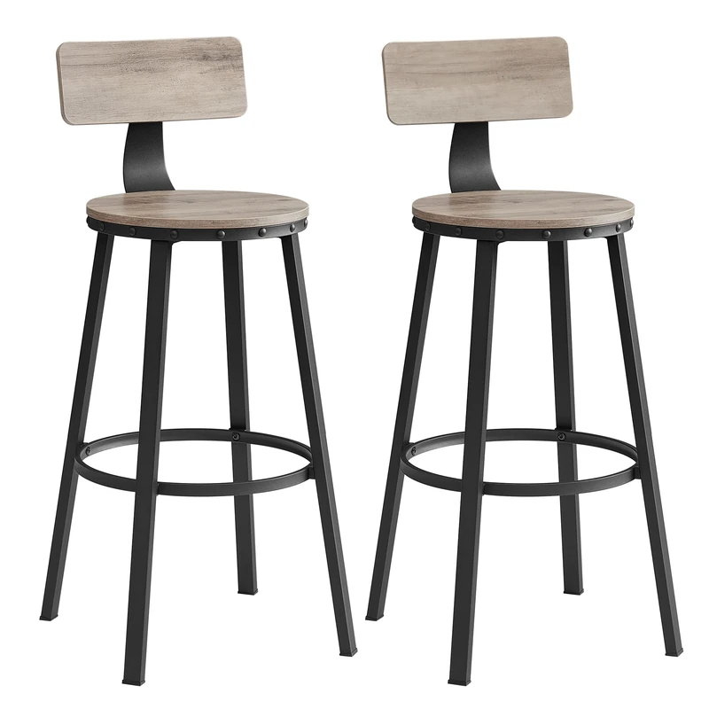 VASAGLE Bar Stools Set of 2, Kitchen Breakfast Bar Chairs, with Backrest, Steel Frame, 73 cm Tall Seat, Easy Assembly, Industrial Style, Greige and Black LBC026B02