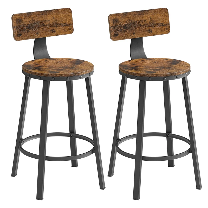 VASAGLE Bar Stools Set of 2, Kitchen Breakfast Bar Chairs, with Backrest, Steel Frame, 62.5 cm Tall Seat, Easy Assembly, Industrial Style, Rustic Brown and Black LBC076B01