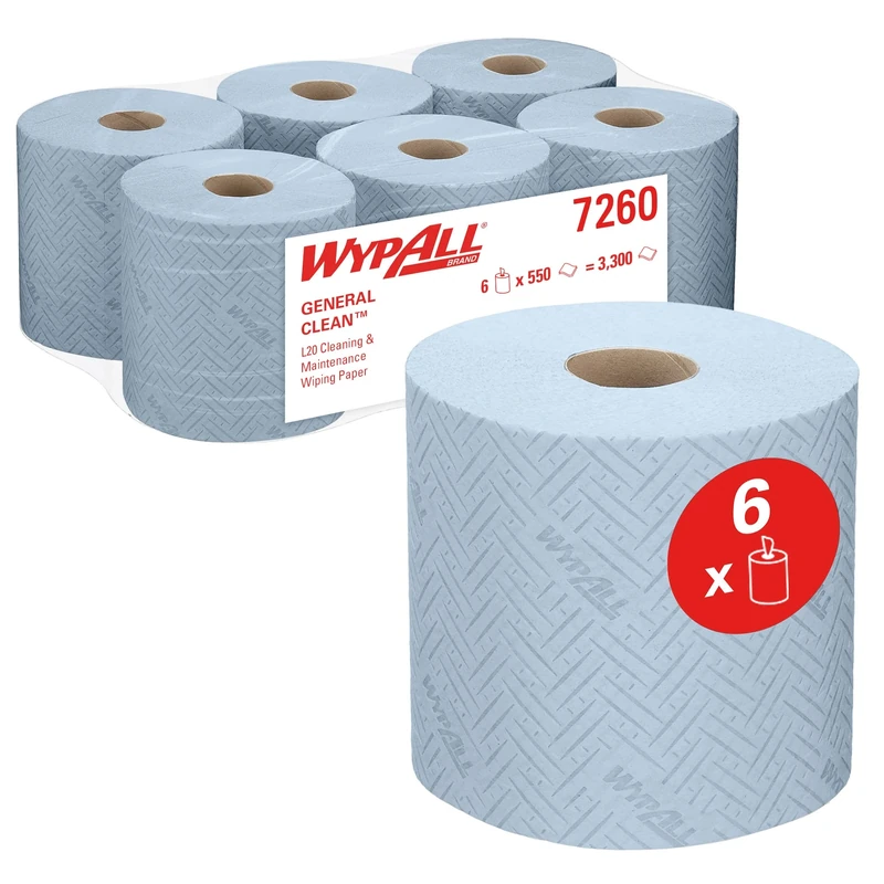 WypAll L20 General Clean Cleaning and Maintenance Blue Wiping Paper 7260-2 Ply Centrefeed Rolls - 6 Blue Rolls x 550 Paper Wipers (3,300 Total)