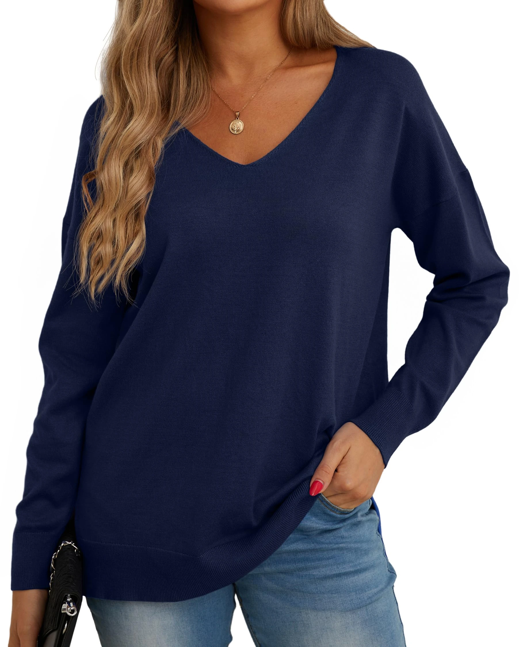 GRECERELLE Women's Casual Jumpers Sweatshirt Ladies Classic Plain Pullover Knit V Neck Long Sleeve Jumper Tops Blouse T-Shirt for Winter Fall Spring (04 Navy Blue, L)