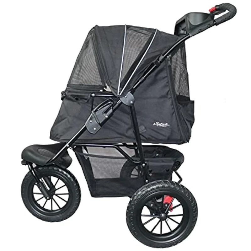 PETIQUE Chinook Black Luxury Dog Stroller for Small & Medium Pets | One-Hand Fold | 12" EVA Wheels | Reflective Trim | Easy Clean | Pet Carrier Stroller for Dogs & Cats up to 23KG