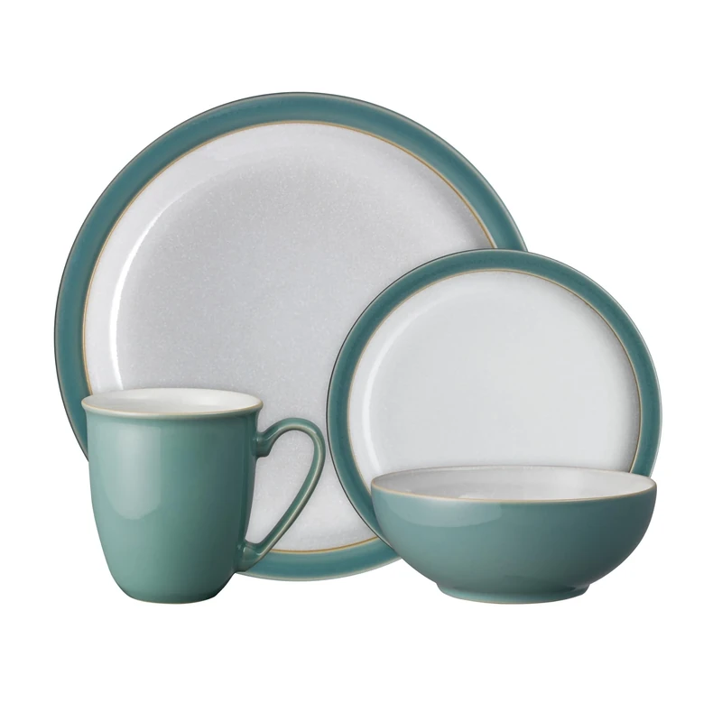 Denby - Elements Fern Green Dinner Set For 1 - 4 Piece Ceramic Tableware - Dishwasher Microwave Safe Crockery Single Place Setting - 1 x Dinner Plate, 1 x Small Plate, 1 x Cereal Bowl, 1 x Coffee Mug