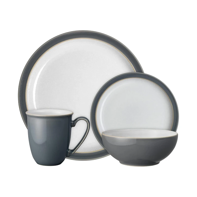 Denby - Elements Fossil Grey Dinner Set For 1 - 4 Piece Ceramic Tableware - Dishwasher Microwave Safe Crockery Single Place Setting - 1 x Dinner Plate, 1 x Small Plate, 1 x Cereal Bowl, 1 x Coffee Mug