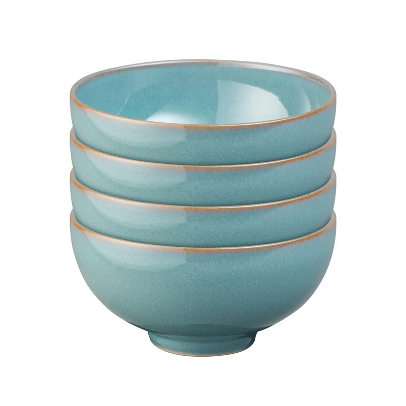 Denby - Azure Blue Rice Bowls Set of 4 - Dishwasher Microwave Safe Crockery 480ml 13cm - Blue Ceramic Stoneware Tableware - Chip & Crack Resistant Soup Bowls