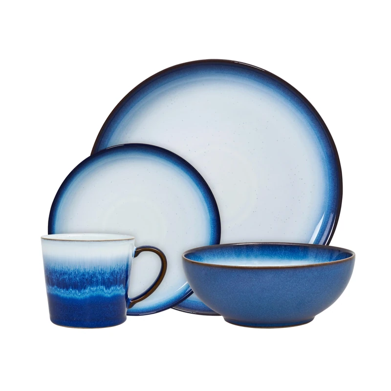 Denby - Blue Haze Dinner Set For 1 - 4 Piece Ceramic Tableware Set - Dishwasher Microwave Safe Crockery Set - 1 x Dinner Plate, 1 x Small Plate, 1 x Cereal Bowl, 1 x Mug
