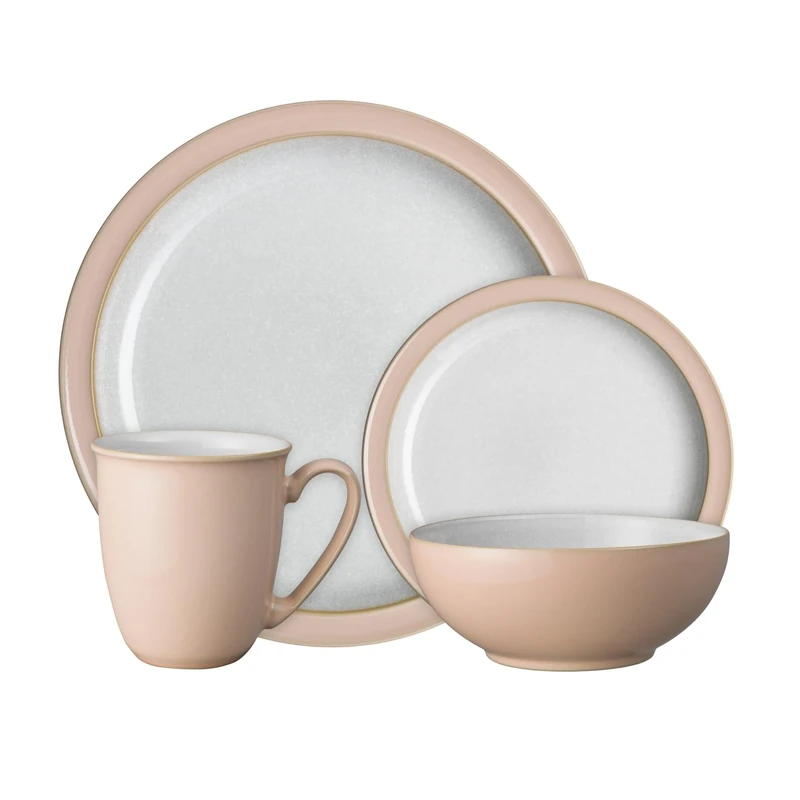 Denby - Elements Shell Peach Dinner Set For 1 - 4 Piece Ceramic Tableware - Dishwasher Microwave Safe Crockery Single Place Setting - 1 x Dinner Plate, 1 x Small Plate, 1 x Cereal Bowl, 1 x Coffee Mug