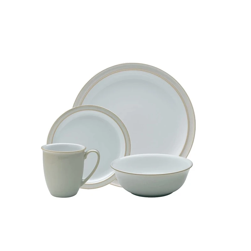 Denby - Linen Cream White Dinner Set for 1-4 Piece Ceramic Tableware Plates & Bowls Set - Dishwasher Safe Crockery Single Place Setting - 1 x Dinner Plate, Small Plate, Cereal Bowl & Coffee Mug
