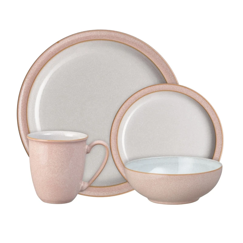 Denby - Elements Sorbet Pink Dinner Set For 1 - 4 Piece Ceramic Tableware - Dishwasher Microwave Safe Crockery Single Place Setting - 1 x Dinner Plate, 1 x Small Plate, 1 x Cereal Bowl, 1 x Coffee Mug