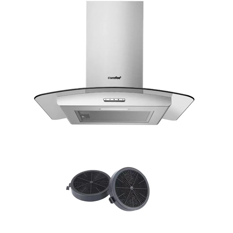COMFEE' Canopy Cooker Hood 60 cm GLAV17SS-60 with LED Light & Glass Chimney Hoods, 600mm Kitchen Extractor Fan Stainless Steel with Recirculating Carbon Charcoal Filter