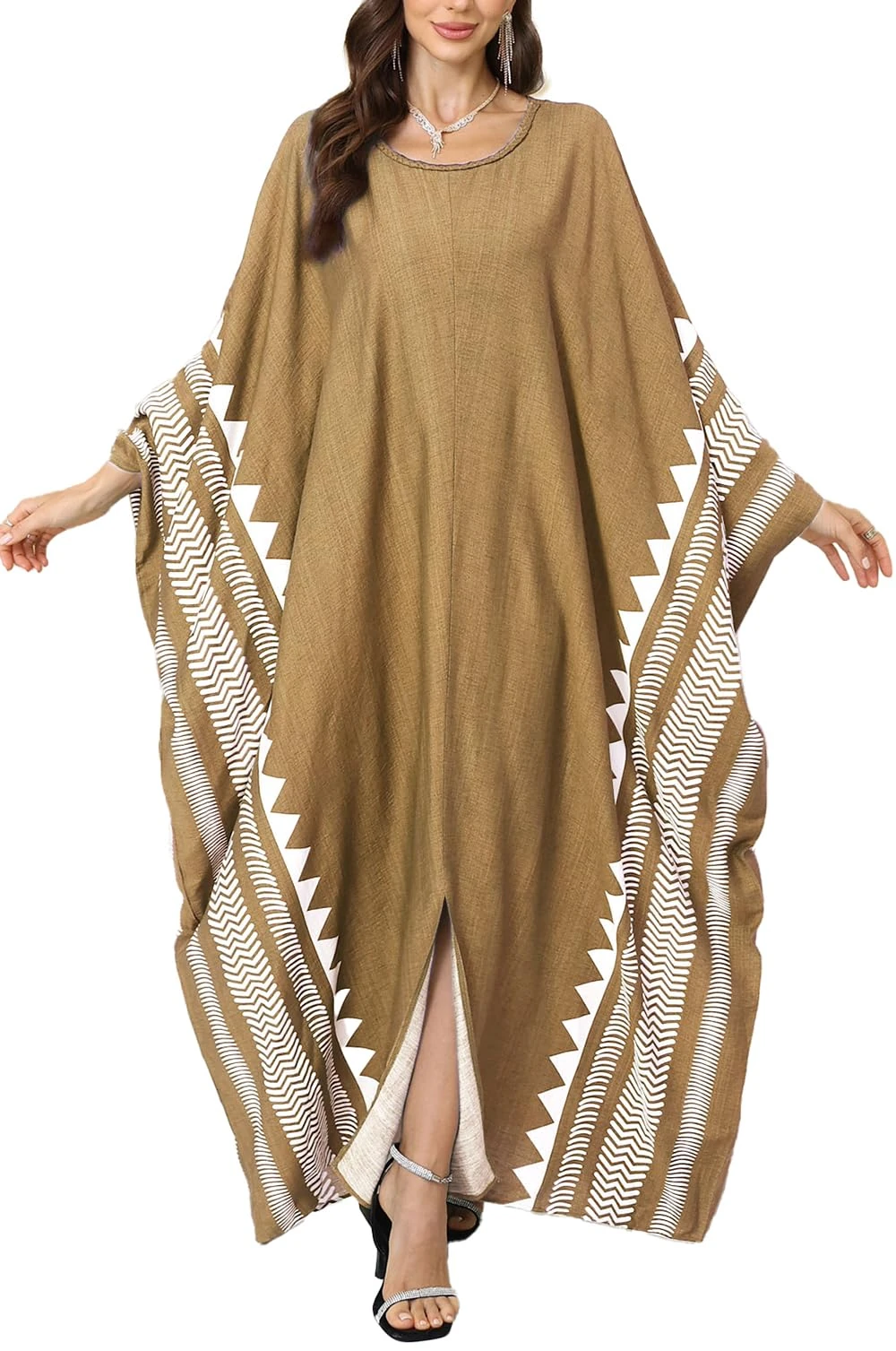 LikeJump Women's Bohemian V Neck Kimono Maxi Swimsuits Kaftan Bikini Cover Ups Summer Beach Dress Tops